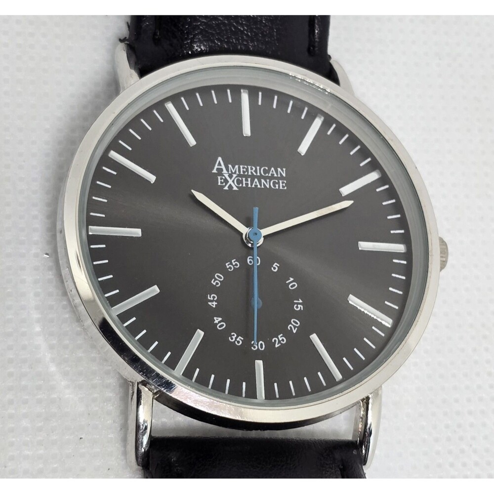 Men's American Exchange Classic Silver Tone Black Dial Leather Strap Watch 11 - Picture 7 of 9